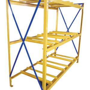 The Vestil Horizontal Drum Storage Rack 3W X 3H is yellow with blue diagonal braces, featuring three levels in an open frame design, perfect for heavy item storage in warehouses or storage facilities.