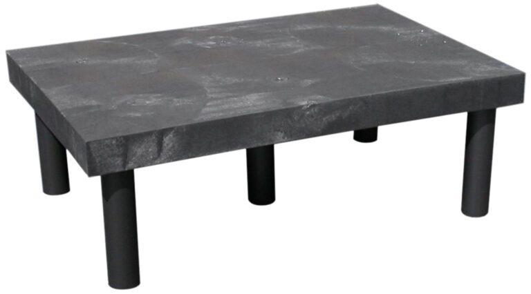 The Vestil Dunnage Rack Solid Top - 36 X 24 has a black rectangular platform with six cylindrical legs, resembling an industrial surface. The material is solid, durable, and slightly textured.