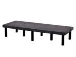 A minimalist black bench, inspired by the Vestil Dunnage Rack Solid Top - 66 X 24 design, features a concrete rectangular seat and six metal legs. Its modern style and strong build provide a smooth surface, ideal for contemporary spaces.