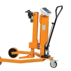 The Vestil Ergo Drum Truck W/Scale 500 lb capacity features an orange manual drum lifter with two large wheels, a smaller front caster, black handle, clamp mechanism for securing drums, and a digital display for precise weight measurement.