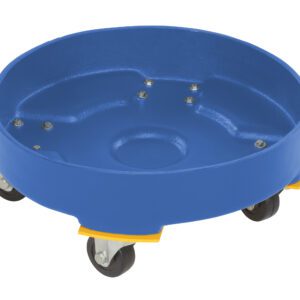 The Vestil Drum Dolly HD Poly features a durable blue design with an indented center and yellow accents. With six caster wheels, its ideal for effortlessly transporting 30-gallon barrels.