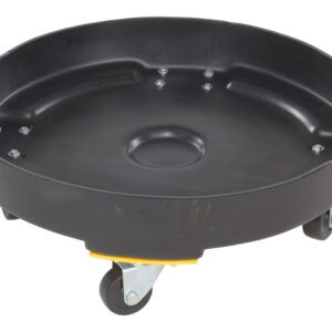 The Vestil Drum Dolly HD Poly Black is a round plastic dolly with metal casters, raised rim, and secure screws for seamless transport of 55-gallon drums.