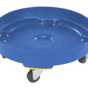 The Vestil Drum Dolly HD Poly Blue 55 Gallon is a circular plastic dolly designed for easy transport of 55-gallon barrels, featuring four black caster wheels and visible metal screws inside for efficient movement of round containers.