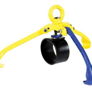 The Vestil Secure Overhead Drum Lifter 2200 Lb Cap features a yellow body and blue securing arm, with a central black circular grip and top attachment loop for easy overhead lifting of up to 2200 lbs.