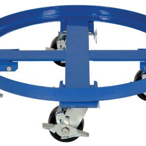 The Vestil Heavy Duty Drum Dolly 2K Capacity boasts a blue metal design, four swivel casters with locks, and a circular frame with support crossbars for easy movement of heavy drums or containers, ensuring durability and efficiency.