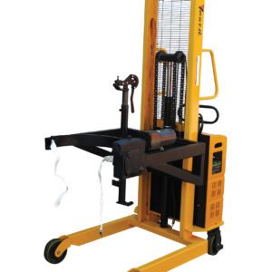 The Vestil DC Power Drum Lifter/Rotator/Transport is a versatile yellow manual stacker with a lifting mechanism, adjustable arms, wheels for mobility, and a handle for smooth operation—ideal for efficient lifting and transporting of drums.