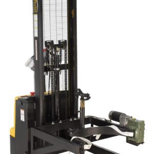 The Vestil DC Power Drum Lifter/Rotator/Transport stacker, in yellow and black, features extended forks, a vertical lifting mechanism, and wheels for mobility—ideal for efficiently lifting and moving pallets or heavy items.