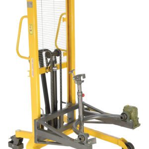 The Vestil Drum Lifter/Rotator/Transport/Steel Jaw is a yellow hydraulic tool with a metal frame and wheeled base, featuring handles, a lifting mechanism with chains, and adjustable steel jaws for securely handling drums, ideal for industrial use.