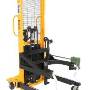 The Vestil Manual Drum Lifter/Rotator/Transporter features a bright yellow drum stacker with a robust black frame and wheels, including an easy-to-use handle, secure load straps, and a stabilizing grid for efficient drum handling.