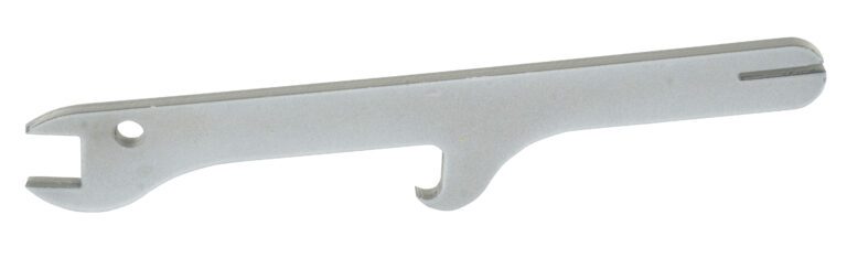 The Vestil Multi-Purpose Drum Lid Tool is a flat, silver metal tool with an open-ended notch on one end, a circular hole near the notch, and a small middle hook, perfect for mechanical or assembly tasks.