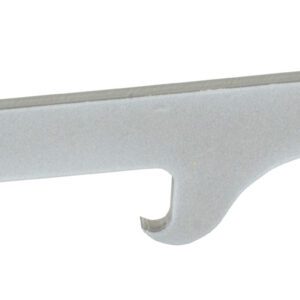 The Vestil Multi-Purpose Drum Lid Tool is a flat, silver metal tool with an open-ended notch on one end, a circular hole near the notch, and a small middle hook, perfect for mechanical or assembly tasks.