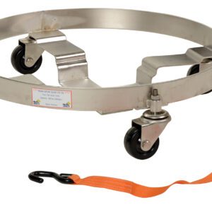 The Vestil Multi-Purpose Quad Drum Dolly 900 Lb is a metal circular dolly with four caster wheels, an orange strap, and a black hook. It efficiently supports and moves cylindrical objects with its robust 900 lb capacity.