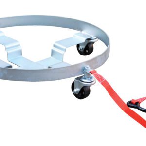The Vestil Multi-Purpose Quad Drum Dolly 1200 Lb features four black caster wheels and a red strap with a hook, ideal for effortlessly maneuvering heavy loads up to 1200 lb.
