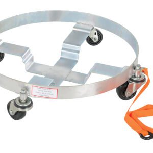 Introducing the Vestil Multi-Purpose Quad Drum Dolly Hr 900 Lb, a silver dolly with four black swivel caster wheels. It includes an adjustable orange strap with a hook and a circular frame to securely hold and transport up to 900 lbs of cylindrical objects.