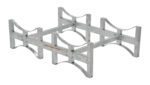 The silver Vestil Stackable Drum Rack Galv 2 Drum-55 is a metal storage solution for propane cylinders with a sturdy rectangular frame, curved supports, six compartments, and a visible safety warning label.