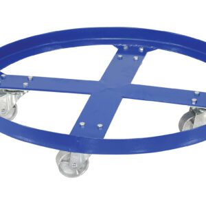 Introducing the Vestil Over Pack Drum Dolly 1200 Lb Cap 28 In: a sturdy blue metal dolly, featuring four caster wheels and a circular frame for easy maneuverability. Its central cross brace enhances stability while supporting up to 1200 lbs.