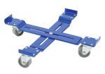 The Vestil Mobile Drum Dolly-Adjustable 1200 Lb, designed with a blue metal frame, has four swiveling casters and adjustable rails. Its cross-shaped design makes it perfect for effortlessly transporting items up to 1200 pounds.