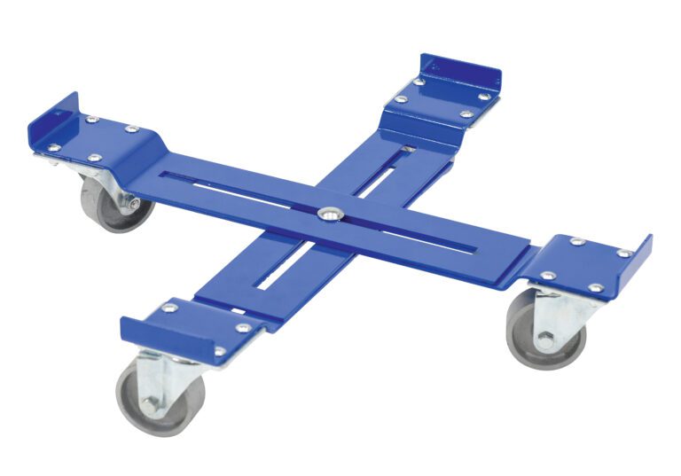 DRUM-X-C_A.jpg The Vestil Mobile Drum Dolly-Adjustable 1200 Lb, designed with a blue metal frame, has four swiveling casters and adjustable rails. Its cross-shaped design makes it perfect for effortlessly transporting items up to 1200 pounds.