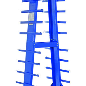 The Vestil Double Sided Horizontal Bar Rack, in blue metal, features multiple horizontal arms on both sides and a triangular base for enhanced stability. Its industrial design is ideal for organizing long materials like pipes and lumber.