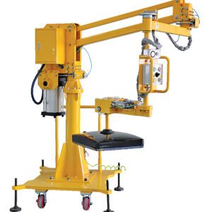 The yellow industrial robotic arm, similar to the Vestil Air Bal Jib Lifter Portable 47.25 In, includes a control panel and is designed for lifting or manipulating objects. It features a sturdy base with casters, stabilizing feet, and pneumatic components for seamless operation.