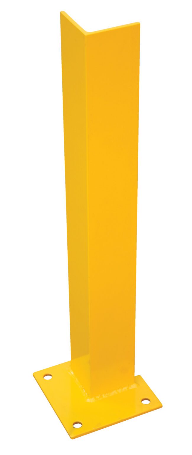 DSP-24_A.jpg A tall, yellow metal bollard recalls the Vestil Overhead Door Track Protector 24.25 In, with a square base featuring four corner holes for secure mounting. Expertly designed for protection or traffic control, it serves as a sturdy guardian in busy areas.