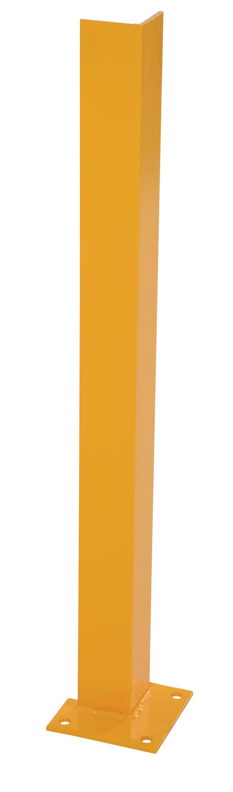 A tall, rectangular, yellow metal post with a flat base and corner mounting holes resembles the sturdy design of a Vestil Overhead Door Track Protector 36.25 In., standing upright against a white background.