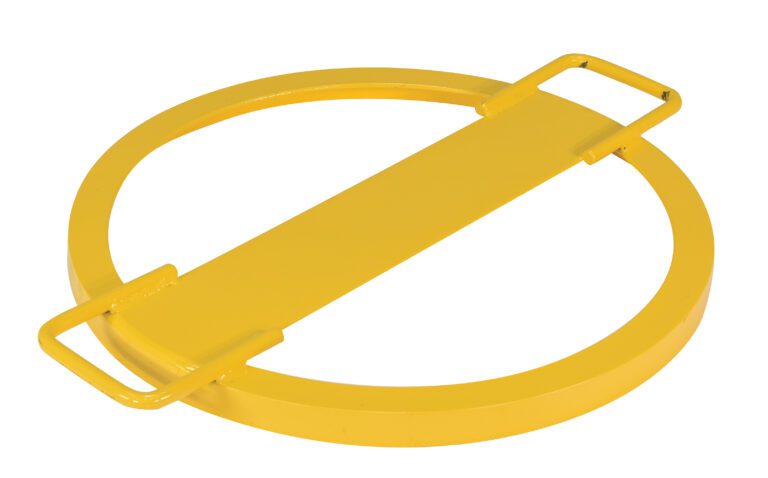 A yellow metallic cover with a circular frame and central rectangle resembles the Vestil Drum Tie Down 24 In., sporting two rectangular handles on opposite sides for effortless lifting and secure handling.
