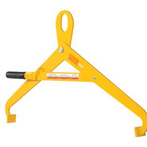 The yellow lifting clamp mirrors the Vestil Horizontal Semi-Automatic Drum Tongs triangular design with a large hoisting loop, featuring two rubber-gripped curved arms and a secure locking mechanism for safely holding steel plates.