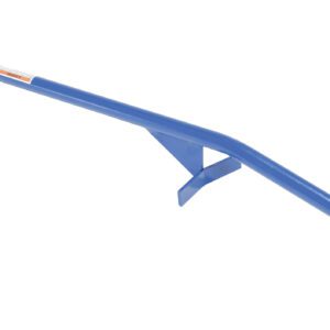 A blue tile remover tool, similar to the Vestil Manual Drum Upender/Tipper with a 41-inch handle, features a flat angled blade. It has a black grip on the long handle and includes a small bracket near the blade for extra leverage.