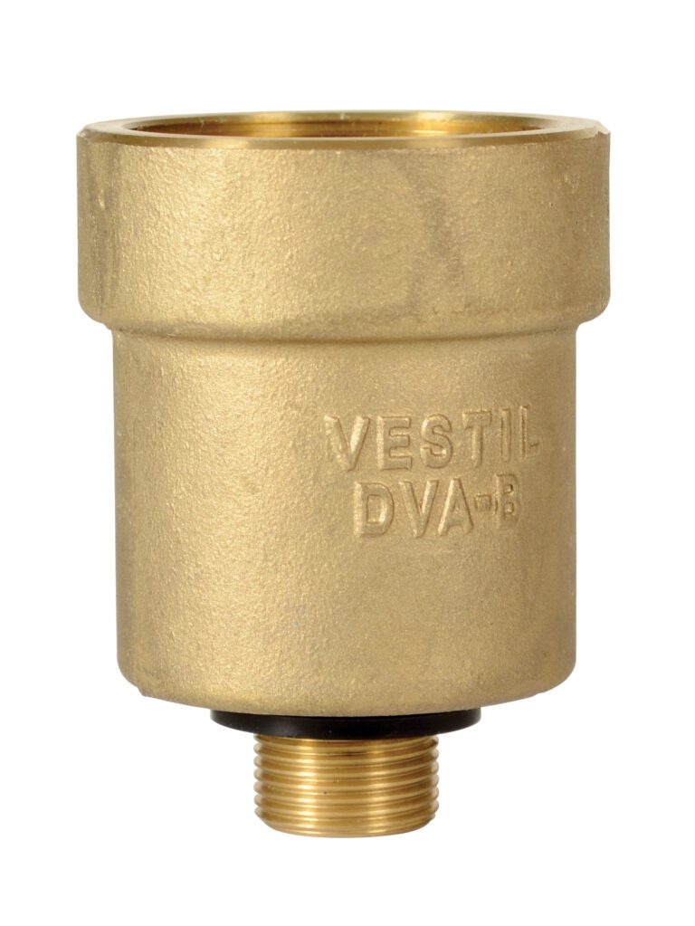 The Vestil Brass Drum Vent Adapter 2 In Vent is a polished, cylindrical fitting with a 2-inch threaded connector. Engraved VESTIL DVA-B, its shiny surface highlights its new condition.