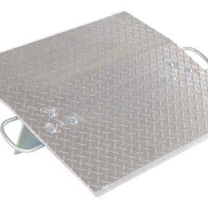 The Vestil Aluminum Econo Dockplate 3/8 3K 30X24 is a silver diamond plate with raised handles for easy transport, designed to improve loading and unloading. Its angled design and textured surface enhance functionality and safety.