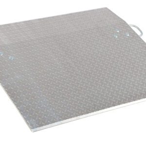 The Vestil Aluminum Econo Dockplate 3/8 2.5K 36X36 features a diamond plate surface, supports up to 2.5K, measures 36x36 inches, and includes two side handles for easy carrying while being slightly tilted for added traction.