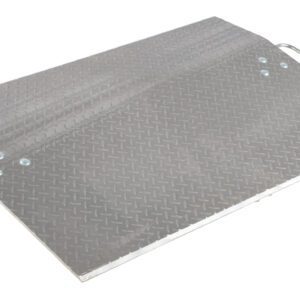 The Vestil Aluminum Econo Dockplate 3/8 4.1K 48X30 is a gray metallic ramp with a diamond plate texture, featuring two handles for easy carrying. Its 48X30 surface has four rivets near the top edge and supports loads up to 4.1K, ensuring reliable performance.