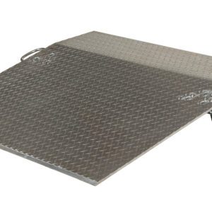 The Vestil Aluminum Econo Dockplate 3/8 3.5K 48X36 features a metal wheelchair ramp with a textured diamond plate surface, angled upward. It includes two handles for easy portability and has a sturdy support leg underneath.
