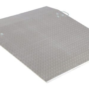 The Vestil Aluminum Econo Dockplate 3/8 3K 48X42 is a textured metal loading ramp with side handles, angled and supported by a sturdy stand.