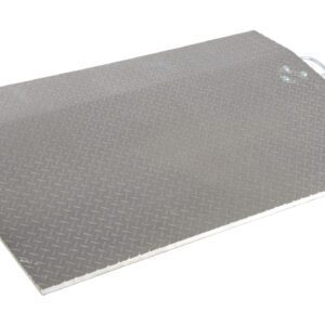 The Vestil Aluminum Econo Dockplate 3/8 4.1K 60X36 is a rectangular ramp with a metallic diamond plate surface, beveled edges, and side handles for easy portability, featuring a textured pattern.