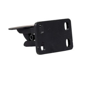 A wall bracket, akin to the Vestil Self Locking Hitch, features a black finish with a rectangular base and four mounting holes. The brackets hinge mechanism allows for adjustable positioning, offering sturdy support for mounted items.