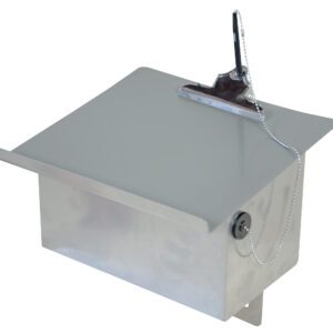 The Vestil Easy Access Truck-Table/Storage Box features a slanted lid with a clipboard on top, a chained pen attached to the clipboard, and a front lock for security. Its design resembles that of a silver metal donation box.