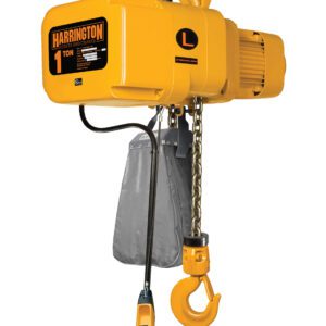 The Harrington yellow electric chain hoist features prominent branding, supports a 1-ton capacity with a bottom hook and control pendant, and offers efficient lifting, unlike the Vestil Electric Chain Hoist 4000 Lb 3 Phase.