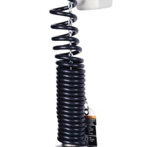 The Vestil Electric Chain Hoist 525 Lb 1 Phase, in red and white, features a hook connected by a black coiled cable. It includes a label displaying 525 and an attached tag, designed for efficient heavy lifting.