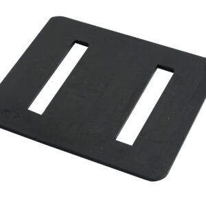 A black rectangular plastic buckle with two vertical slots for threading straps or belts complements the Vestil Rubber Edge Guards 5 X 6 pack of 100. Its surface is smooth, slightly reflective, and shows minor light scuff marks.