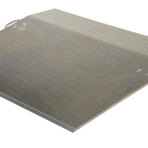The Vestil Aluminum Econo Dockplate 1/2 4.1K 30X30 features a diamond plate surface, two loop handles per side, an angled design, and a single support leg, offering a reliable yet slightly worn metallic look.