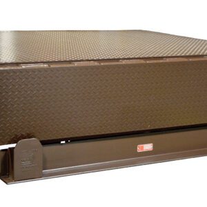 The Vestil Electric Dockleveler Hydraulic 25K6X10Ft boasts a sturdy brown platform with a yellow safety lip and diamond plate pattern, ideal for bridging the gap between loading docks and trucks while ensuring stability and durability for heavy-duty use.