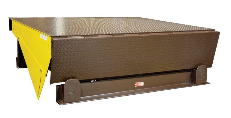The Vestil Electric Hydraulic Dockleveler 45K7X10Ft is a durable metal dock leveler with a diamond plate surface, yellow side panels, and a brown base, designed to efficiently bridge the gap between dock and truck for seamless loading and unloading.