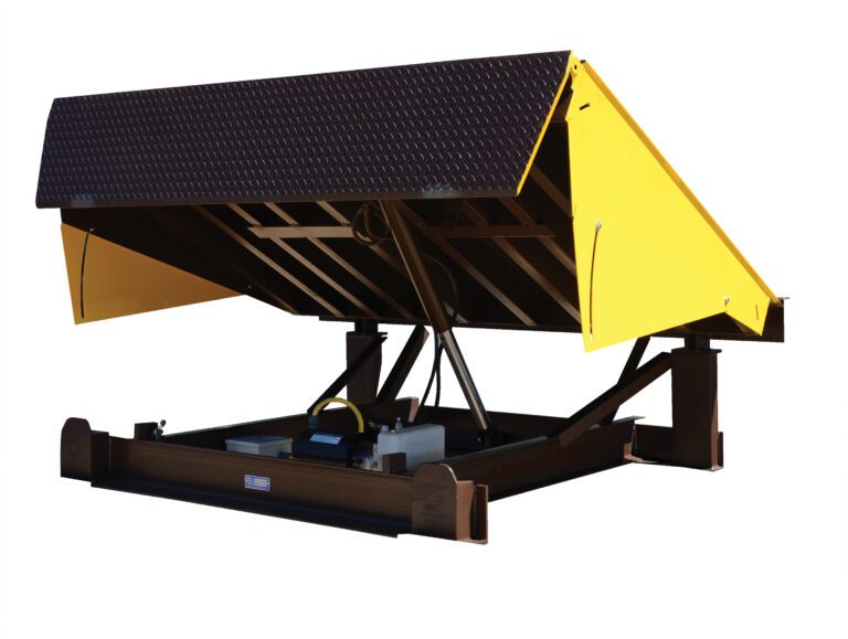 A yellow Vestil Electric Hydraulic Dockleveler 45K 7X6Ft features a diamond plate surface, raised platform, and strong hydraulic systems on a durable metal frame with intricate structural components underneath.