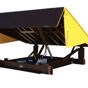 A yellow Vestil Electric Hydraulic Dockleveler 45K 7X6Ft features a diamond plate surface, raised platform, and strong hydraulic systems on a durable metal frame with intricate structural components underneath.
