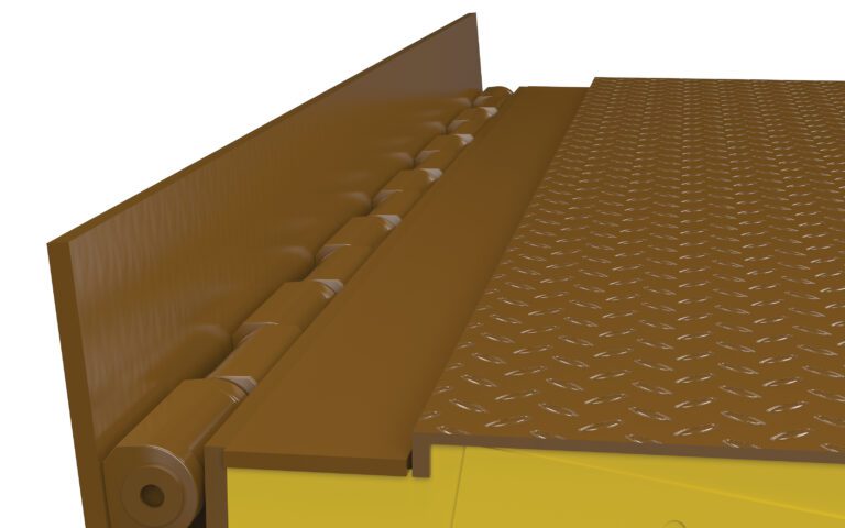 A brown industrial hinge connects two metal surfaces, with a foreground featuring a diamond plate pattern for grip, akin to the Vestil Roll Off Guard Option for Elec/Hyd Dock Levelers. The smooth background surface is firmly fastened by this sturdy mechanism.