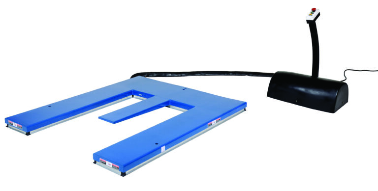 EHE-3_A.jpg The blue pallet scale features a U-shaped design and is paired with a black digital control unit on a curved stand with buttons. Its flat surface is perfect for weighing, akin to the Vestil E Type Electric Lift Table with 3K capacity, and is connected via cable.
