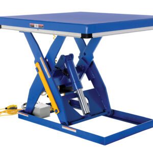 The Vestil Electric Hydraulic Lift Table 3K 48X48 includes a blue square platform, yellow control pendant, hydraulic cylinders, and vital safety features. Its ideal for industrial use with a stationary, wheel-free metal base.