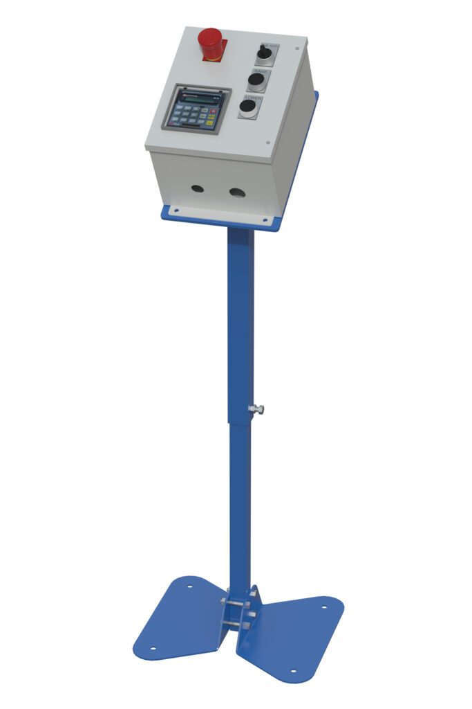 The Vestil Programmable Height Adjustment Ehltg includes a freestanding control panel with a red emergency stop button, black buttons, and digital display on a white box. Its mounted securely on a blue metal stand with a sturdy base for stability.